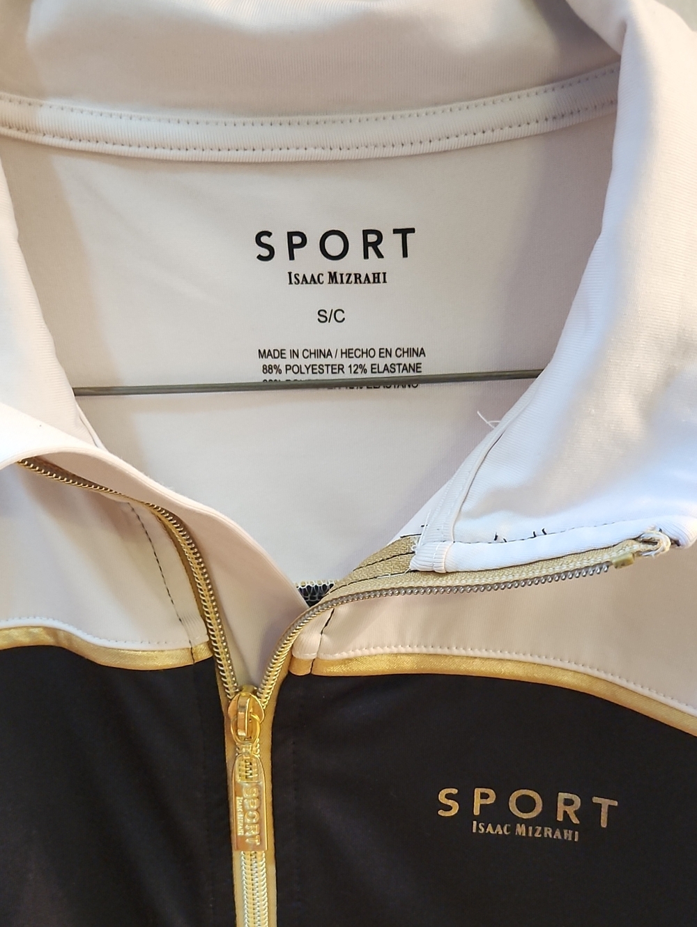 Isaac Mizrahi Black and Cream Sport Zip Jacket with Gold Trim